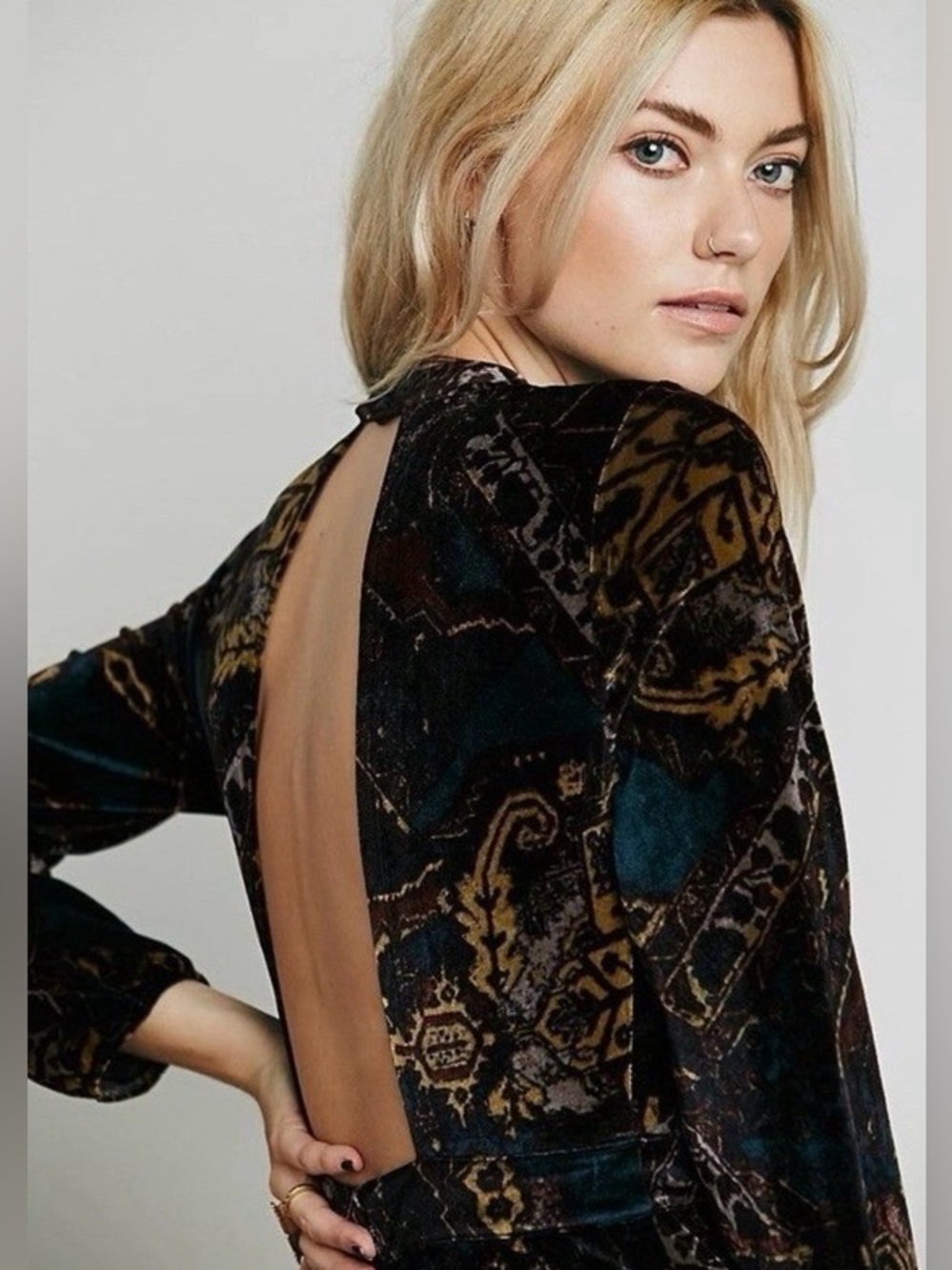 FREE PEOPLE Velvet Open Back Romper | Boho Luxe Feminine Bohemian Designer - Picture 2 of 10